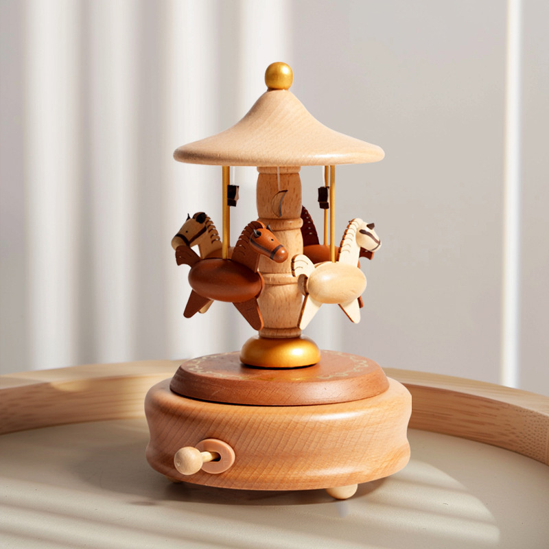 Snow Globe Musical - Wooden Carousel Music Box Ornaments Rotatable